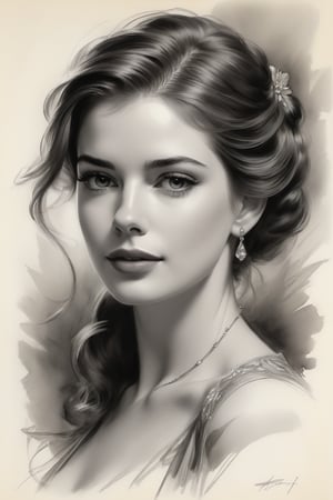 portrait of a beautiful Russian woman, Anne hathway, Harrison Fisher, charcoal art, black charcoal
on antique paper, intricate details, ultra high quality model, masterpiece, sharp focus, depth of field, unreal engine