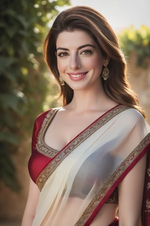 a breathtakingly happy beautiful Lebanon woman Anne hathway, saree, 36D, plus size brest, navel show, perfect symmetric eyes, natural skin texture, hyperrealism, soft light, sharp, 8k hdr, dslr, high contrast, cinematic lighting, high quality, film grain, Fujifilm XT3