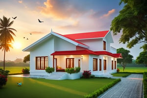 Capture the serene beauty of a 4K masterpiece: a stunning sunrise scene on a picturesque residential plot. A 1bhk constructed house stands tall amidst lush green grass, its white walls and red roof blending harmoniously with nature's canvas. Birds fly freely in the sky as the sun rises, casting warm cinematic lighting on the landscape. Vivid colors dance across the dramatic sky, where clouds take shape in a breathtaking display of realism.