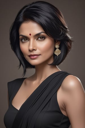 create a hyper realistic vertical photo of Indian most attractive woman in her 40s, Trendsetter wolf cut black hair, trending on artstation, portrait, digital art, modern, sleek, highly detailed, formal, determined, 36D ,  fairy tone, saree, Michelle Pfeiffer, navel show


