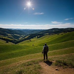 A solitary figure stands atop a hill, gazing out at the endless expanse of a brilliant blue sky. The rolling hills stretch out before them, a gentle slope of green as far as the eye can see. In their hands, they carry a meticulously crafted scale model, its intricate details and textures a testament to human ingenuity. Meanwhile, a swarm of nanobots buzzes around the figure's head, their tiny forms glinting in the sunlight like a constellation of metallic stars.