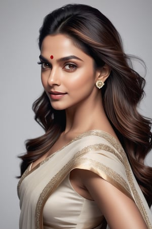 A stunning portrait of Deepika Padukone: a breathtakingly happy Indian woman posing confidently against a clean white background. Her beautiful saree drapes elegantly around her curvy figure, accentuating her 36D bust. Her perfect symmetric eyes sparkle with joy, framed by luscious lashes and set against a soft, natural skin texture. The hyperrealism is so precise that it almost feels three-dimensional. Soft light wraps around her face, highlighting the contours of her features. Shot in 8K HDR on a DSLR camera, the high-contrast image boasts cinematic lighting with subtle film grain, reminiscent of Fujifilm XT3's signature aesthetic.