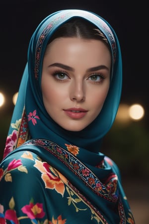 Close up, Lana Rhoades woman, hijab , wearing floral hijab, wearing Surf fitness training wearing Blouse, (persian rug), at night, dark theme, award-winning, professional, highly detailed . shallow depth of field, highly detailed, high budget , gorgeous, film grain, grainy, realistic