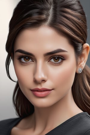 craft a hyper realistic vertical photo of Indian most attractive serious woman in her 30s in T-shirt Dresses, trending on artstation, portrait, digital art, modern, sleek, highly detailed, formal, serious, determined, CEO, colorized, smooth, charming, pretty, soft smile, soft lips, black eyes, Trendsetter wolf cut brown hair, anne hathway,