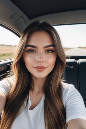 a beautiful girl with long hair, wearing jeans and an oversized white t-shirt sits in the back seat of her car taking selfie,
the woman has light makeup on her face, she is blowing a kiss to camera,
perfect symmetric eyes, the sun shines through the window onto his head,
photo taken from inside the vehicle