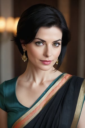 create a hyper realistic vertical photo of Caucasian most attractive woman in her 40s, Trendsetter wolf cut black hair, trending on artstation, portrait,perfect symmetric eyes, natural skin texture, hyperrealism, soft light, sharp, 8k hdr, dslr, high contrast, cinematic lighting, high quality, film grain, Fujifilm XT3, wearing saree, no blouse, in luxurious Villa, 36D , fairy tone, fair skin, flirty gaze, anne hathway