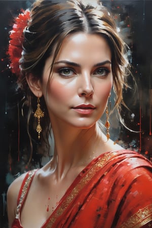 oil painting, heavy brushstrokes, paint drips, a breathtaking portrait of a Mozart, female, wearing red saree, action pose, medium long fuzzy hair, perfect symmetric eyes,gorgeous face, by Jeremy Mann, Carne Griffiths, Robert Oxley, rich, deep colors,layered image shaded by cells, golden ratio, award winning, professional,highly detailed, intricate, volumetric lighting, gorgeous, masterpiece, sharp focus, depth of field, perfect composition, award winner, artstation, acrylic painting, Sandra Bullock