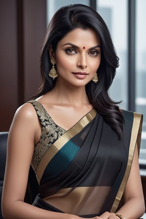 create a hyper realistic vertical photo of Indian most attractive woman in her 40s, Trendsetter wolf cut black hair, trending on artstation, portrait, digital art, modern, sleek, highly detailed, formal, determined, wearing saree, in luxurious office, 36D , fairy tone, fair skin, flirty gaze, Michelle Pfeiffer