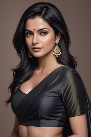 create a hyper realistic vertical photo of Indian most attractive woman in her 40s, Trendsetter wolf cut black hair, trending on artstation, portrait, digital art, modern, sleek, highly detailed, formal, determined, 36D ,  fairy tone, saree, navel show, Emma Charlotte Duerre Watson


