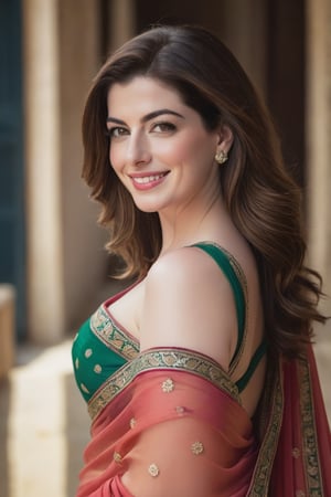 a breathtakingly happy beautiful Lebanon woman Anne hathway, saree, 36D, plus size brest, navel show, perfect symmetric eyes, natural skin texture, hyperrealism, soft light, sharp, 8k hdr, dslr, high contrast, cinematic lighting, high quality, film grain, Fujifilm XT3