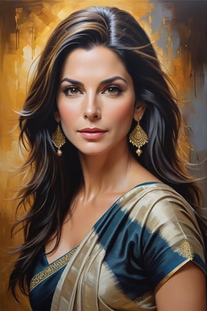 oil painting, heavy brushstrokes, paint drips, a breathtaking portrait of a Mozart, female, Sandra Bullock, Saree,  medium long fuzzy hair, perfect symmetric eyes,gorgeous face,  rich, deep colors,layered image shaded by cells, golden ratio, award winning, professional,highly detailed, intricate, volumetric lighting, gorgeous, masterpiece, sharp focus, depth of field, perfect composition, award winner, artstation, acrylic painting create a hyper realistic vertical photo of Indian most attractive woman in her 40s, Trendsetter wolf cut black hair, 