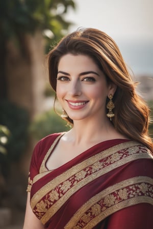 a breathtakingly happy beautiful Lebanon woman Anne hathway, saree, 36D, plus size brest, navel show, perfect symmetric eyes, natural skin texture, hyperrealism, soft light, sharp, 8k hdr, dslr, high contrast, cinematic lighting, high quality, film grain, Fujifilm XT3