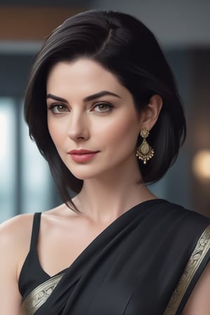 create a hyper realistic vertical photo of Labnon most attractive woman in her 40s, Trendsetter wolf cut black hair, trending on artstation, portrait, digital art, modern, sleek, highly detailed, formal, determined, wearing saree, no blouse, in luxurious office, 36D , fairy tone, fair skin, flirty gaze, anne hathway