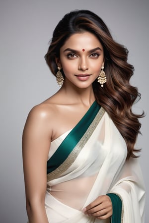 A stunning portrait of Deepika Padukone: a breathtakingly happy Indian woman posing confidently against a clean white background. Her beautiful saree drapes elegantly around her curvy figure, accentuating her 36D bust. Her perfect symmetric eyes sparkle with joy, framed by luscious lashes and set against a soft, natural skin texture. The hyperrealism is so precise that it almost feels three-dimensional. Soft light wraps around her face, highlighting the contours of her features. Shot in 8K HDR on a DSLR camera, the high-contrast image boasts cinematic lighting with subtle film grain, reminiscent of Fujifilm XT3's signature aesthetic.