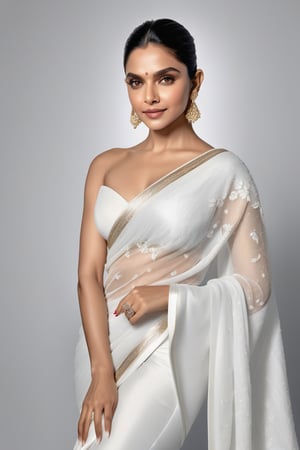 Deepika Padukone sits confidently against a pristine white backdrop, saree draped elegantly around her curvy figure, accentuating her 36D bust. Her sparkling eyes, framed by lush lashes, shine with joy on soft, natural skin. The hyperrealistic portrait boasts precise details, almost three-dimensional. Soft light wraps around her face, highlighting features. Shot in 8K HDR on a DSLR camera, the high-contrast image features cinematic lighting with subtle film grain, evoking Fujifilm XT3's signature aesthetic.