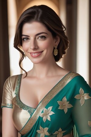 a breathtakingly happy beautiful Lebanon woman Anne hathway, saree, 36D, plus size brest, navel show, perfect symmetric eyes, natural skin texture, hyperrealism, soft light, sharp, 8k hdr, dslr, high contrast, cinematic lighting, high quality, film grain, Fujifilm XT3