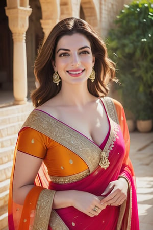 a breathtakingly happy beautiful Lebanon woman Anne hathway, saree, 36D, plus size brest, navel show, perfect symmetric eyes, natural skin texture, hyperrealism, soft light, sharp, 8k hdr, dslr, high contrast, cinematic lighting, high quality, film grain, Fujifilm XT3