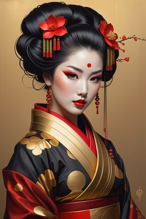 biomechanical geisha, curvy-geometric art, sharp curvy lines, golden lines,
the merger between gold and black, light on face, gold and red Gustav Klimt background, highly detailed, art by Stanley Artgerm, Charlie Bowater, Atey Ghailan and Mike Mignola, by Greg Rutkowski, Artgerm, Edouard Bisson, oil painting, heavy strokes, paint dripping,
kids story book style, muted colors, watercolor style