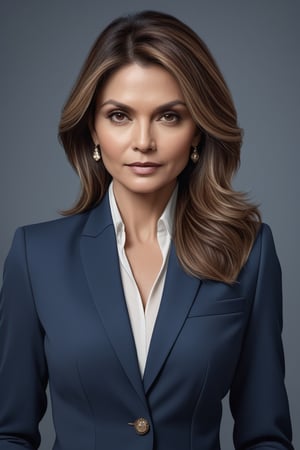 create a hyper realistic vertical photo of Indian most attractive woman in her 40s, ight brown hair, trending on artstation, portrait, digital art, modern, sleek, highly detailed, formal, determined, blue business suit, 36D ,  fairy tone, Michelle Pfeiffer
