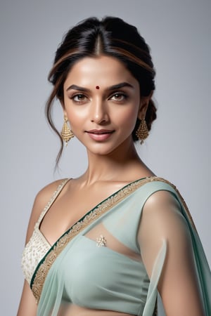 A stunning portrait of Deepika Padukone: a breathtakingly happy Indian woman posing confidently against a clean white background. Her beautiful saree drapes elegantly around her curvy figure, accentuating her 36D bust. Her perfect symmetric eyes sparkle with joy, framed by luscious lashes and set against a soft, natural skin texture. The hyperrealism is so precise that it almost feels three-dimensional. Soft light wraps around her face, highlighting the contours of her features. Shot in 8K HDR on a DSLR camera, the high-contrast image boasts cinematic lighting with subtle film grain, reminiscent of Fujifilm XT3's signature aesthetic.