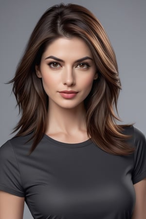 craft a hyper realistic vertical photo of Indian most attractive serious woman in her 30s in T-shirt Dresses, trending on artstation, portrait, digital art, modern, sleek, highly detailed, formal, serious, determined, CEO, colorized, smooth, charming, pretty, soft smile, soft lips, black eyes, Trendsetter wolf cut brown hair, anne hathway,