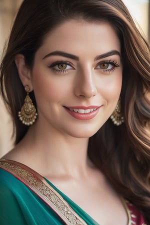 a breathtakingly happy beautiful Lebanon woman Anne hathway, saree, 36D, plus size brest, navel show, perfect symmetric eyes, natural skin texture, hyperrealism, soft light, sharp, 8k hdr, dslr, high contrast, cinematic lighting, high quality, film grain, Fujifilm XT3