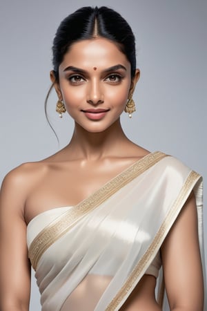 A stunning portrait of Deepika Padukone: a breathtakingly happy Indian woman posing confidently against a clean white background. Her beautiful saree drapes elegantly around her curvy figure, accentuating her 36D bust. Her perfect symmetric eyes sparkle with joy, framed by luscious lashes and set against a soft, natural skin texture. The hyperrealism is so precise that it almost feels three-dimensional. Soft light wraps around her face, highlighting the contours of her features. Shot in 8K HDR on a DSLR camera, the high-contrast image boasts cinematic lighting with subtle film grain, reminiscent of Fujifilm XT3's signature aesthetic.