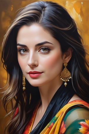 oil painting, heavy brushstrokes, paint drips, a breathtaking portrait of a Mozart, female, Anne hathway, wearing floral transparent saree, medium long fuzzy hair, perfect symmetric eyes,gorgeous face,  rich, deep colors,layered image shaded by cells, golden ratio, award winning, professional,highly detailed, intricate, volumetric lighting, gorgeous, masterpiece, sharp focus, depth of field, perfect composition, award winner, artstation, acrylic painting create a hyper realistic vertical photo of Indian most attractive woman in her 40s, Trendsetter wolf cut black hair, 