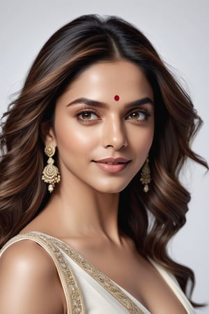 A stunning portrait of Deepika Padukone: a breathtakingly happy Indian woman posing confidently against a clean white background. Her beautiful saree drapes elegantly around her curvy figure, accentuating her 36D bust. Her perfect symmetric eyes sparkle with joy, framed by luscious lashes and set against a soft, natural skin texture. The hyperrealism is so precise that it almost feels three-dimensional. Soft light wraps around her face, highlighting the contours of her features. Shot in 8K HDR on a DSLR camera, the high-contrast image boasts cinematic lighting with subtle film grain, reminiscent of Fujifilm XT3's signature aesthetic.