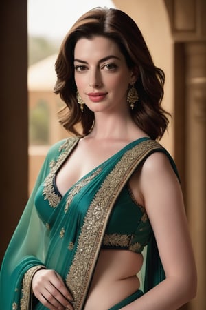 Anne Hathaway-inspired Lebanese woman in a stunning saree, her 36D plus-size bust elegantly showcased. Soft light highlights the natural texture of her skin, while sharp focus captures the perfect symmetry of her eyes. The navel is subtly revealed as she poses with confident elegance. Framed against a high-contrast background, cinematic lighting adds depth and dimension. Shot on Fujifilm XT3 in 8K HDR, this hyperrealistic portrait exudes warmth and sophistication.