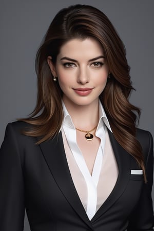 craft a hyper realistic vertical photo of Indian most attractive serious woman in her 30s in black-white shirt suit dress, Choker Necklace Belt, extra big chest, 36D, Trendsetter wolf cut brown hair, trending on artstation, portrait, digital art, modern, sleek, highly detailed, formal, serious, determined, CEO, colorized, smooth, charming, pretty, soft smile, soft lips, black eyes, anne hathway