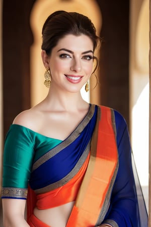 a breathtakingly happy beautiful Lebanon woman Anne hathway, saree, 36D, plus size brest, navel show, perfect symmetric eyes, natural skin texture, hyperrealism, soft light, sharp, 8k hdr, dslr, high contrast, cinematic lighting, high quality, film grain, Fujifilm XT3