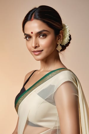 Deepika Padukone stands tall, confidence radiating from her very being as she poses against a crisp white backdrop. Her resplendent saree hugs her curvaceous figure, showcasing her toned physique and emphasizing the allure of her 36D bust. Soft, golden light wraps gently around her face, accentuating the definition of her features with subtle film grain reminiscent of Fujifilm XT3's signature texture. Her gleaming, symmetrical eyes sparkle with joy, framed by lush lashes against a soft, natural skin tone.