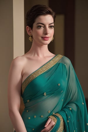 Anne Hathaway poses confidently in a stunning saree, her plus-sized bust accentuated by the flowing fabric. Her navel is subtly showcased as she stands proudly, eyes shining with perfect symmetry. Soft light wraps around her natural skin texture, emphasizing her features. Shot on 8K HDR DSLR camera with Fujifilm XT3, high contrast and cinematic lighting create a dreamy atmosphere, punctuated by subtle film grain.