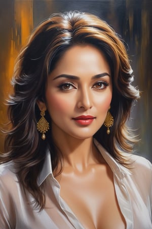 oil painting, heavy brushstrokes, paint drips, a breathtaking portrait of a Mozart, female, Madhuri Dixit, dress_shirt,  medium long fuzzy hair, perfect symmetric eyes,gorgeous face,  rich, deep colors,layered image shaded by cells, golden ratio, award winning, professional,highly detailed, intricate, volumetric lighting, gorgeous, masterpiece, sharp focus, depth of field, perfect composition, award winner, artstation, acrylic painting create a hyper realistic vertical photo of Indian most attractive woman in her 40s, Trendsetter wolf cut black hair, 
