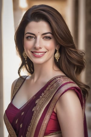 a breathtakingly happy beautiful Lebanon woman Anne hathway, saree, 36D, plus size brest, navel show, perfect symmetric eyes, natural skin texture, hyperrealism, soft light, sharp, 8k hdr, dslr, high contrast, cinematic lighting, high quality, film grain, Fujifilm XT3