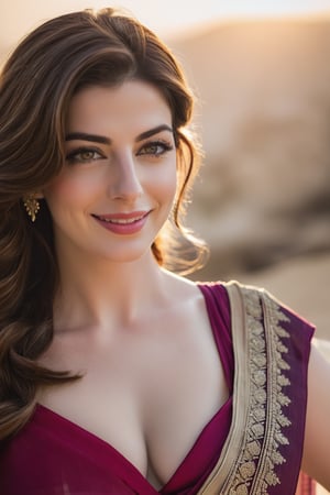 a breathtakingly happy beautiful Lebanon woman Anne hathway, saree, 36D, plus size brest, navel show, perfect symmetric eyes, natural skin texture, hyperrealism, soft light, sharp, 8k hdr, dslr, high contrast, cinematic lighting, high quality, film grain, Fujifilm XT3