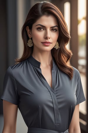 craft a hyper realistic vertical photo of Indian most attractive serious woman in her 30s in sun-shirt Dresses, trending on artstation, portrait, digital art, modern, sleek, highly detailed, formal, serious, determined, CEO, colorized, smooth, charming, pretty, soft smile, soft lips, black eyes, Trendsetter wolf cut brown hair, anne hathway,