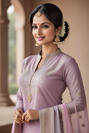 Vertical composition of a stunning Indian woman in her 40s, radiating confidence and poise. She wears a pale lilac salwar kameez with intricate embroidery, perfectly accentuating her toned physique. Her striking features include 36D bust, a sleek bob haircut, and piercing black eyes that seem to hold a world of intelligence. A soft, charming smile plays on her lips, which are painted a subtle shade of pink. The overall aesthetic is modern, formal, and highly detailed, with a focus on capturing the subject's determination and authority as a CEO. The background is a smooth, gradient gray, allowing her beauty to take center stage.