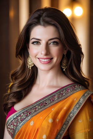 a breathtakingly happy beautiful Lebanon woman Anne hathway, saree, 36D, plus size brest, navel show, perfect symmetric eyes, natural skin texture, hyperrealism, soft light, sharp, 8k hdr, dslr, high contrast, cinematic lighting, high quality, film grain, Fujifilm XT3