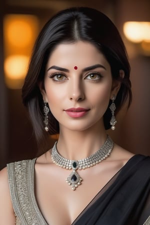 create a hyper realistic vertical photo of Indian most attractive woman in her 40s, choker belt, Trendsetter wolf cut black hair, perfect symmetric eyes, natural skin texture, hyperrealism, soft light, sharp, 8k hdr, dslr, high contrast, cinematic lighting, high quality, film grain, Fujifilm XT3, wearing saree, in luxurious hotel, 36D , fairy tone, fair skin, flirty gaze, anne hathway, 