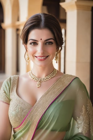 a breathtakingly happy beautiful Lebanon woman Anne hathway, saree, 36D, plus size brest, navel show, perfect symmetric eyes, natural skin texture, hyperrealism, soft light, sharp, 8k hdr, dslr, high contrast, cinematic lighting, high quality, film grain, Fujifilm XT3