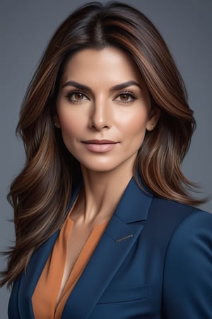 create a hyper realistic vertical photo of Indian most attractive woman in her 40s, ight brown hair, trending on artstation, portrait, digital art, modern, sleek, highly detailed, formal, determined, blue business suit, 36D ,  fairy tone, sandra bullock
