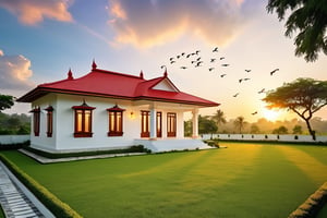 Capture the serene beauty of a 4K masterpiece: a stunning sunrise scene on a picturesque residential plot. A 1bhk constructed house stands tall amidst lush green grass, its white walls and red roof blending harmoniously with nature's canvas. Birds fly freely in the sky as the sun rises, casting warm cinematic lighting on the landscape. Vivid colors dance across the dramatic sky, where clouds take shape in a breathtaking display of realism.