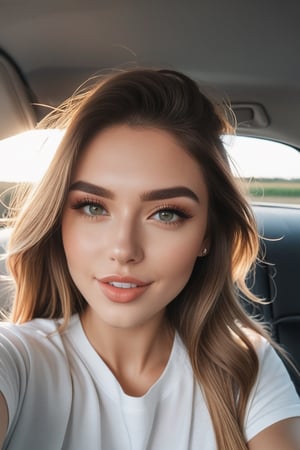 a beautiful girl with long hair, wearing jeans and an oversized white t-shirt sits in the back seat of her car taking selfie,
the woman has light makeup on her face, she is blowing a kiss to camera,
perfect symmetric eyes, the sun shines through the window onto his head,
photo taken from inside the vehicle