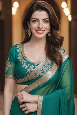 a breathtakingly happy beautiful Lebanon woman Anne hathway, saree, 36D, plus size brest, navel show, perfect symmetric eyes, natural skin texture, hyperrealism, soft light, sharp, 8k hdr, dslr, high contrast, cinematic lighting, high quality, film grain, Fujifilm XT3