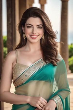 a breathtakingly happy beautiful Lebanon woman Anne hathway, saree, 36D, plus size brest, navel show, perfect symmetric eyes, natural skin texture, hyperrealism, soft light, sharp, 8k hdr, dslr, high contrast, cinematic lighting, high quality, film grain, Fujifilm XT3