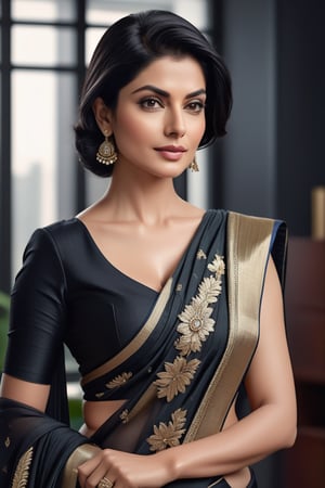 create a hyper realistic vertical photo of Indian most attractive woman in her 40s, Trendsetter wolf cut black hair, trending on artstation, portrait, digital art, modern, sleek, highly detailed, formal, determined, wearing saree, in luxurious office, 36D , fairy tone, fair skin, flirty gaze, anne hathway