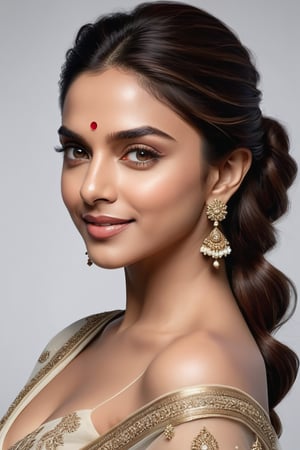 A stunning portrait of Deepika Padukone: a breathtakingly happy Indian woman posing confidently against a clean white background. Her beautiful saree drapes elegantly around her curvy figure, accentuating her 36D bust. Her perfect symmetric eyes sparkle with joy, framed by luscious lashes and set against a soft, natural skin texture. The hyperrealism is so precise that it almost feels three-dimensional. Soft light wraps around her face, highlighting the contours of her features. Shot in 8K HDR on a DSLR camera, the high-contrast image boasts cinematic lighting with subtle film grain, reminiscent of Fujifilm XT3's signature aesthetic.