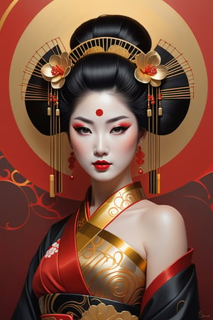 biomechanical geisha, curvy-geometric art, sharp curvy lines, golden lines,
the merger between gold and black, light on face, gold and red Gustav Klimt background, highly detailed, art by Stanley Artgerm, Charlie Bowater, Atey Ghailan and Mike Mignola, by Greg Rutkowski, Artgerm, Edouard Bisson, oil painting, heavy strokes, paint dripping,
kids story book style, muted colors, watercolor style